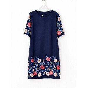 Shineflow Navy Blue Multicolor Floral Embroidered 3/4 Sleeve Boho Shift Dress